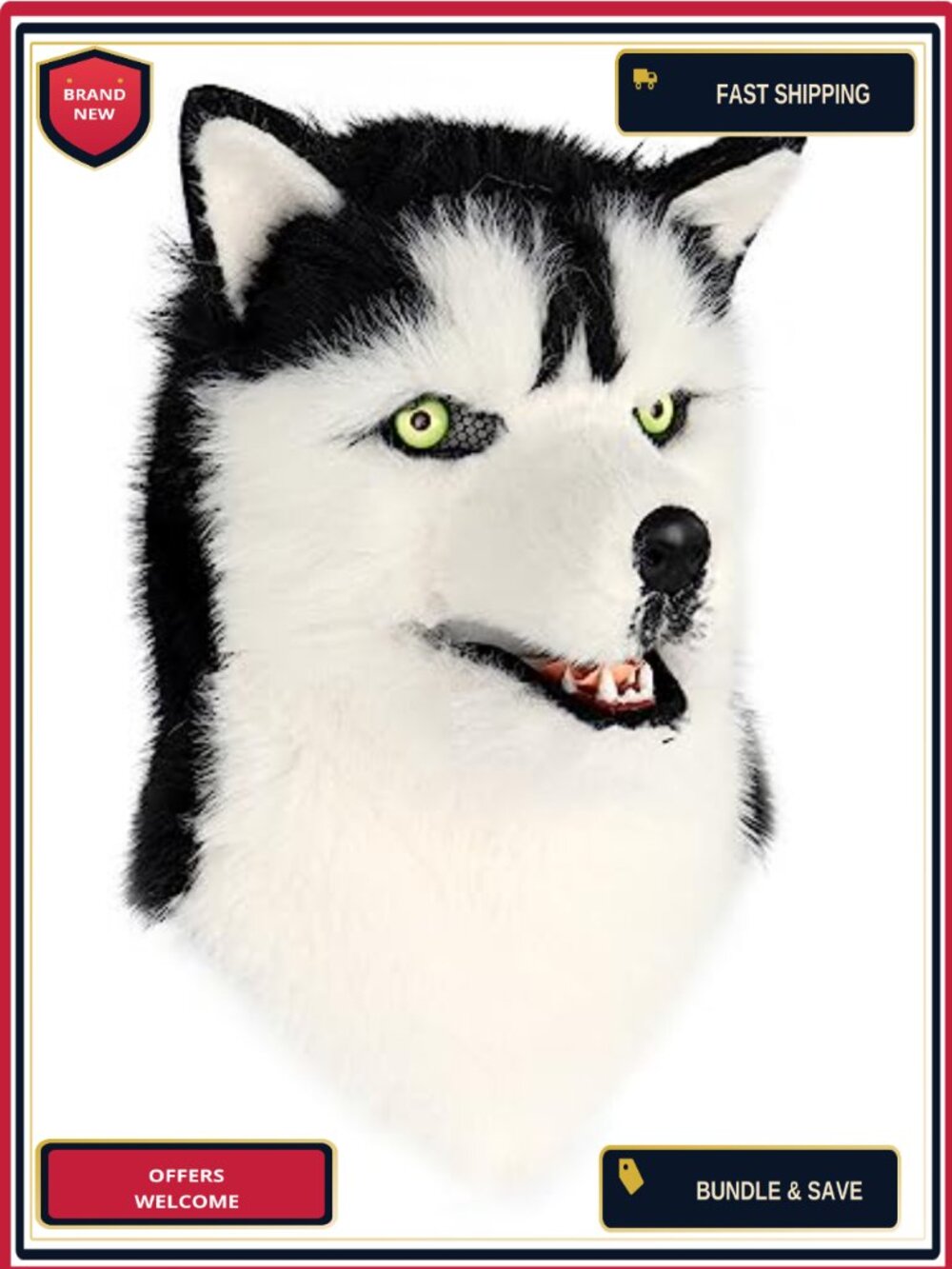 Faux Fur Wolf Dog Full Head Mask Halloween Costume Adult One Size